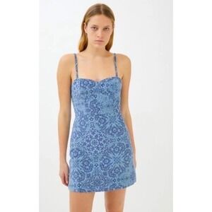 Urban Outfitters Blue Burnout Velvet Damask Mini Dress Sweetheart Smocked Large